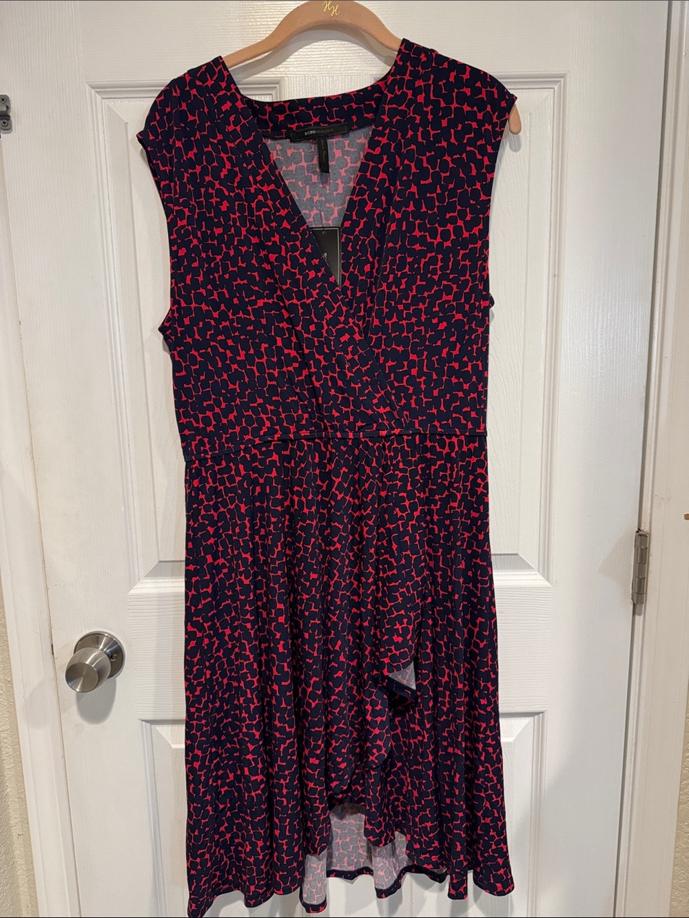 BCBGMaxAzria Black and Red Abstract Print Faux Wrap Dress L NWT
